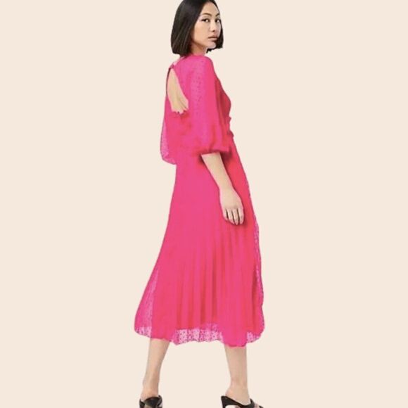 ASOS DESIGN textured pleated shirred midi dress in hot pink size 4 - Picture 2 of 16